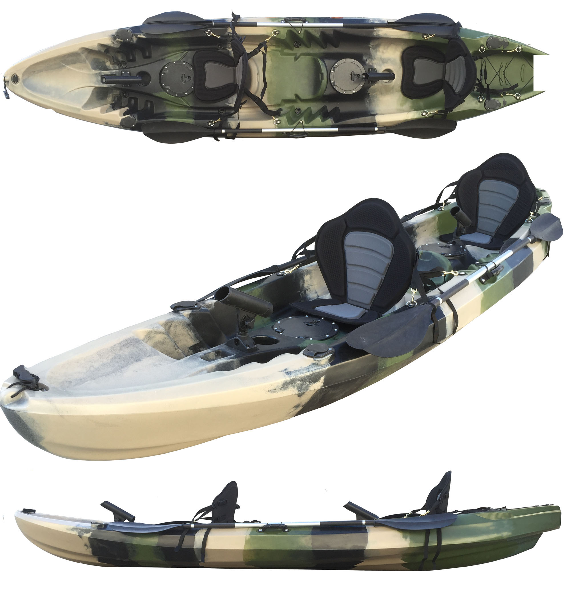 3.7M 2.5 Persons Family Double 2+1 Fishing Kayak Canoe Green Camo Flush  Motor Stern