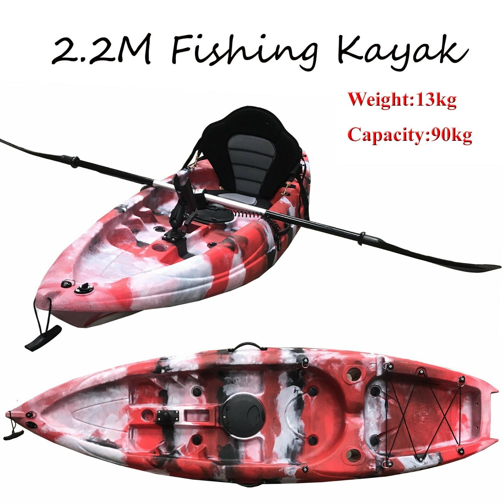 2.2M Kids Teens Junior Fishing Kayak Single Rod Holder Seat Paddle Red Camo