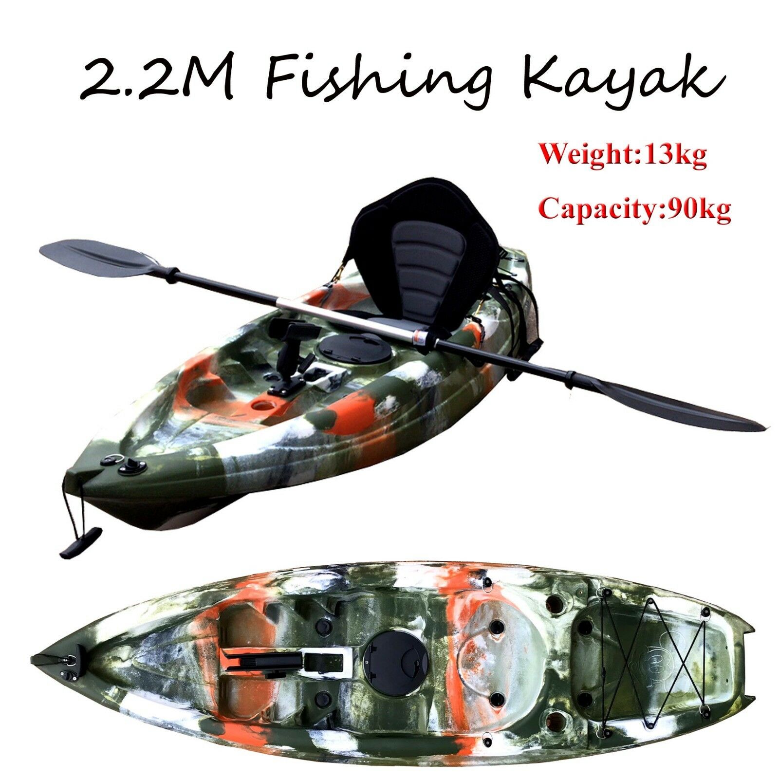 2.2M Kids Teens Junior Fishing Kayak Single Rod Holder Seat Paddle