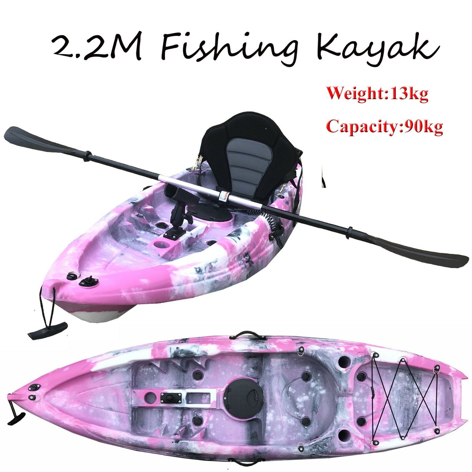 2.2M Kids Teens Junior Fishing Kayak Single Rod Holder Seat Paddle