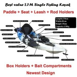 2.9M Fishing Kayak Single Sit-on 5 Rod Holders Seat Paddle Blue Camo