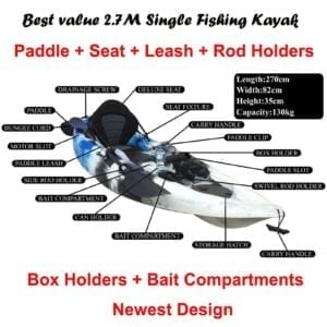 2.7M Fishing Kayak Single Sit-on Kayak 5 Rod Holders Seat Paddle blue Black Whit