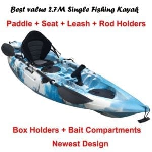 2.7M Fishing Kayak Single Sit-on 5 Rod Holders Padded Seat Paddle Aqua Blue