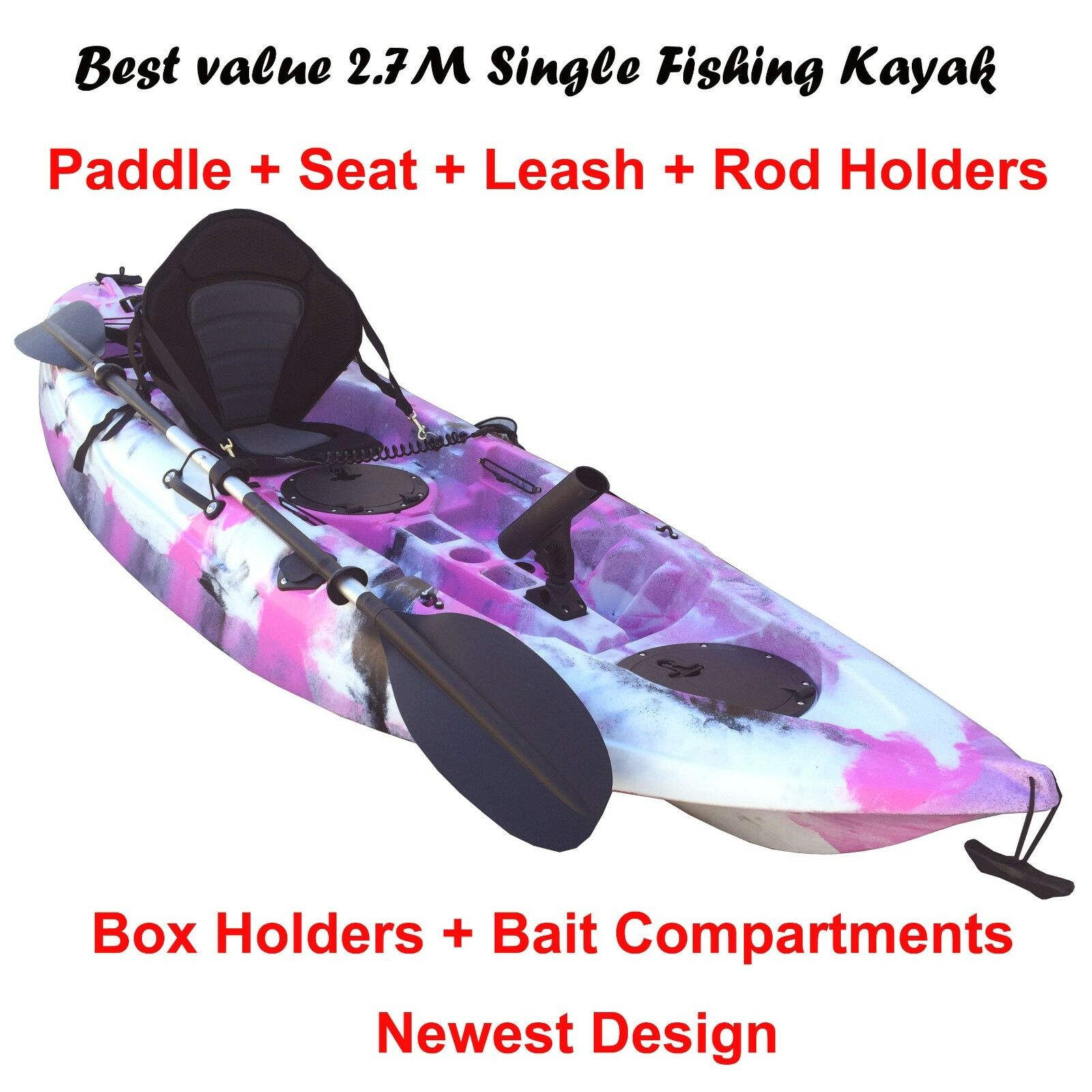 2.7M Fishing Kayak Single Sit-on 5 Rod Holders Padded Seat Paddle Pink Camo