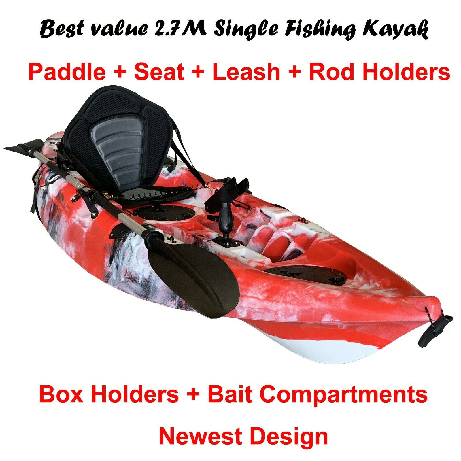 2.7M Fishing Kayak Single Sit-on 5 Rod Holders Padded Seat Paddle Red Camo