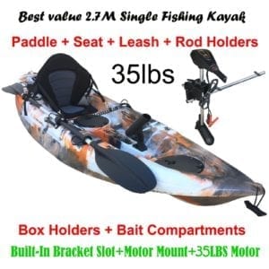 2.7M Fishing Kayak 5 Rod Holders Seat Paddle 35lbs Motor Bracket Orange Camo