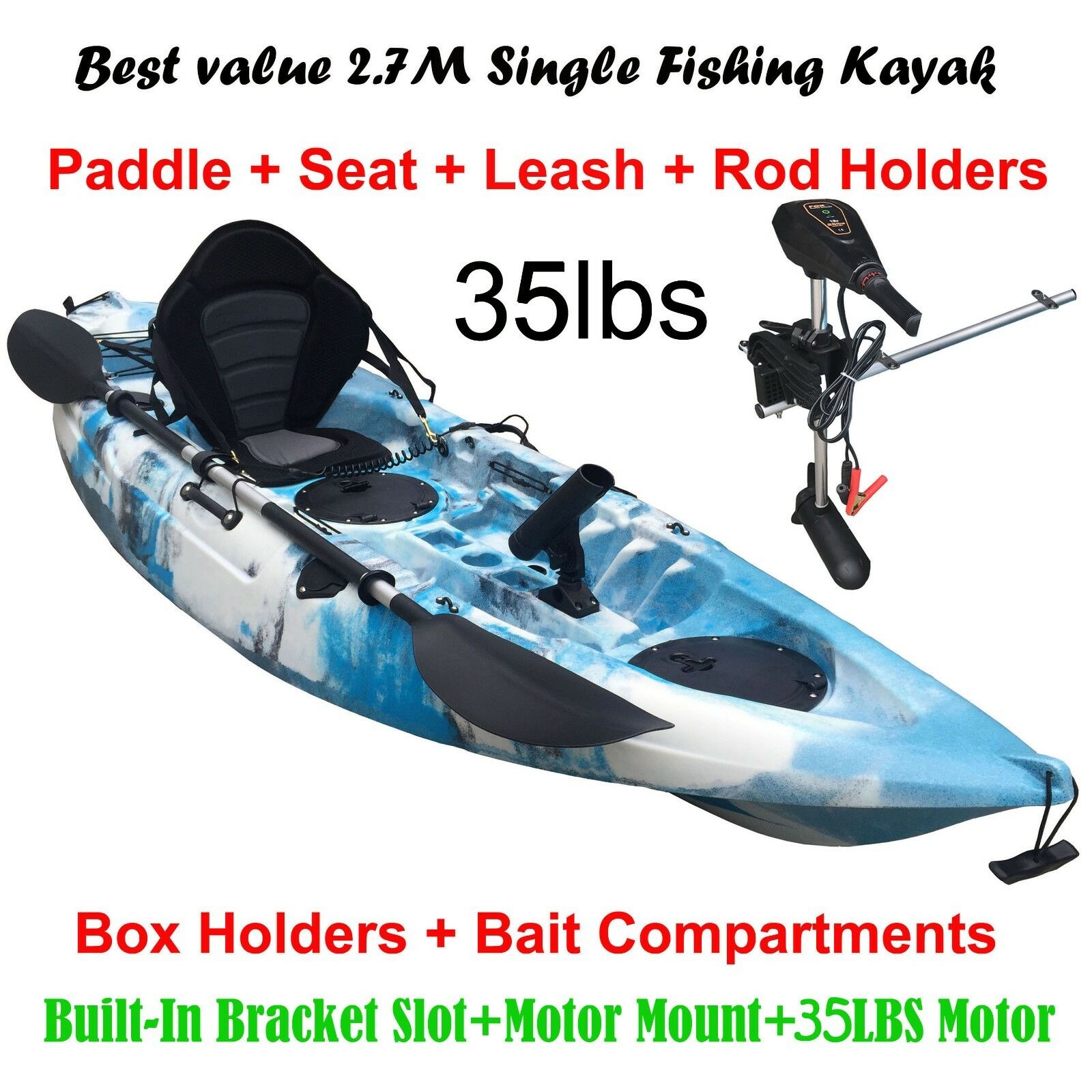 2.7M Fishing Kayak 5 Rod Holders Seat Paddle 35lbs Motor Bracket