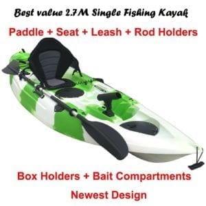 2.7M Fishing Kayak Single Sit-on 5 Rod Holders Padded Seat Paddle Lime White