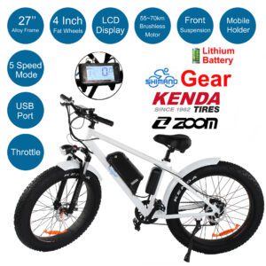 27" Alloy Electric Beach Mountain Cruiser Bike Ebike Fat Tyre White Budtrol 27