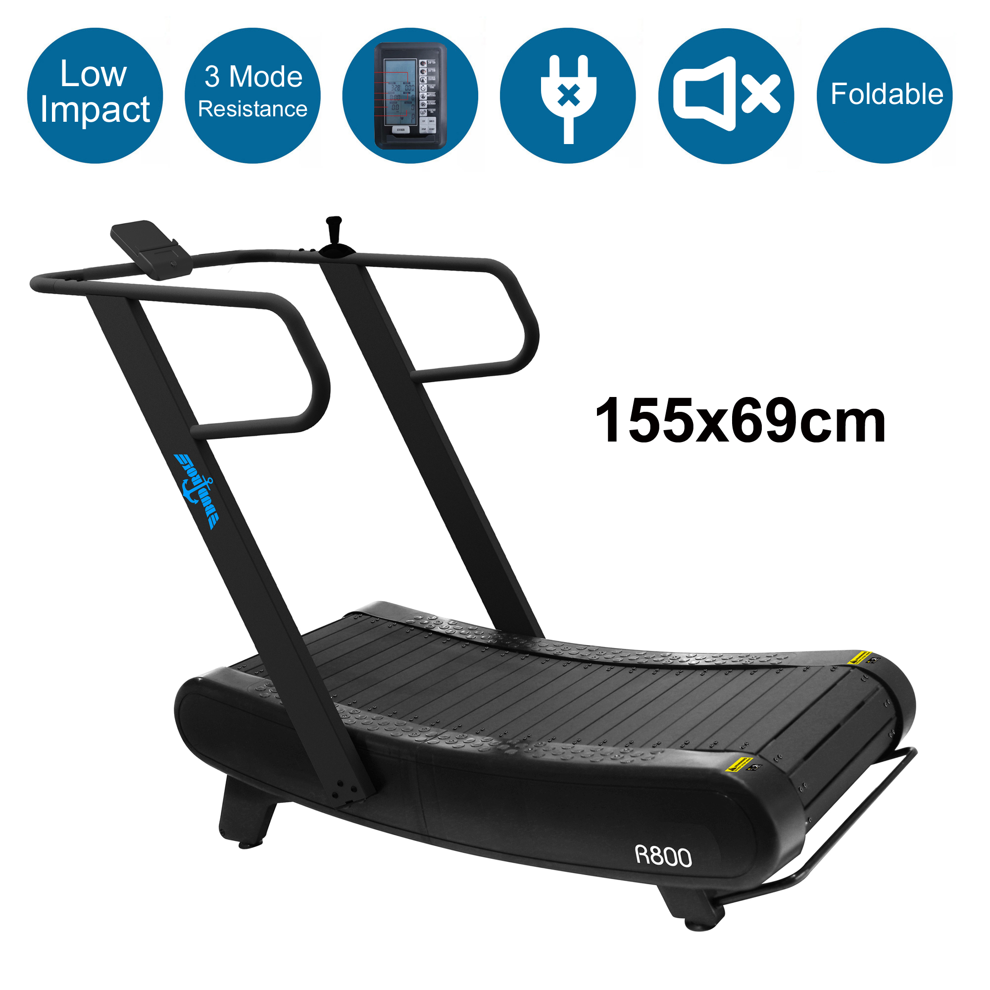 Manual Foldable Treadmill Curved Belt Motorless Powerless Non Motorised  155x69cm