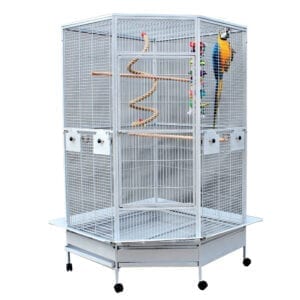 Silver White 184cm Corner Parrot Aviary Bird Cage Perch Budgie On Wheels 8501