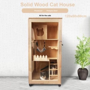 Bupaw Solid Wood Flat Roof Pinewood Cat Flat House Cabinet 120x60x60cm