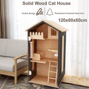 Bupaw Pitch Roof Solid Wood Pinewood Wooden Cat Flat House Cabinet 120x60x60cm