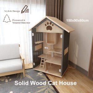 Bupaw Pitch Roof Solid Wood Pinewood Wooden Cat Flat House Cabinet 150x90x60cm