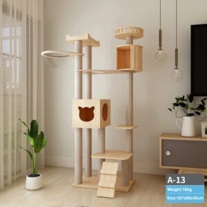 167cm Wooden Cat Tree Pinewood Solid Wood Cat Scratching Post Condo Furniture Sisal Rope