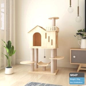 123cm Wooden Cat Tree Pinewood Solid Wood Cat Scratching Post Condo Furniture Sisal Rope