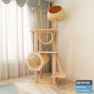 194cm Wooden Cat Tree Pinewood Solid Wood Cat Scratching Post Condo Furniture Sisal Rope