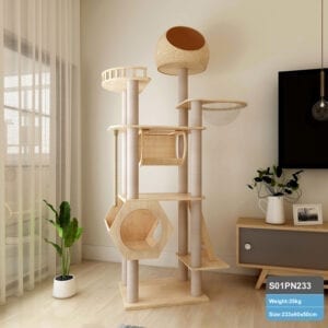 233cm Wooden Cat Tree Pinewood Solid Wood Cat Scratching Post Condo Furniture Sisal Rope