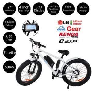 27" Alloy 500W Electric Beach Mountain Bike Ebike Fat Tyre White Budtrol 27L
