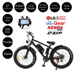 27" Alloy 500W Electric Beach Mountain Bike Ebike Fat Tyre Black Budtrol 27L
